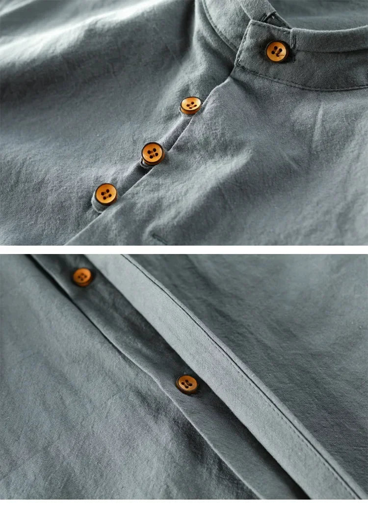 Customizable Men Cotton Linen Shirt Formal Retro Chinese Style Long Sleeve Mandarin Collar Casual Shirts Soft Comfort Clothing