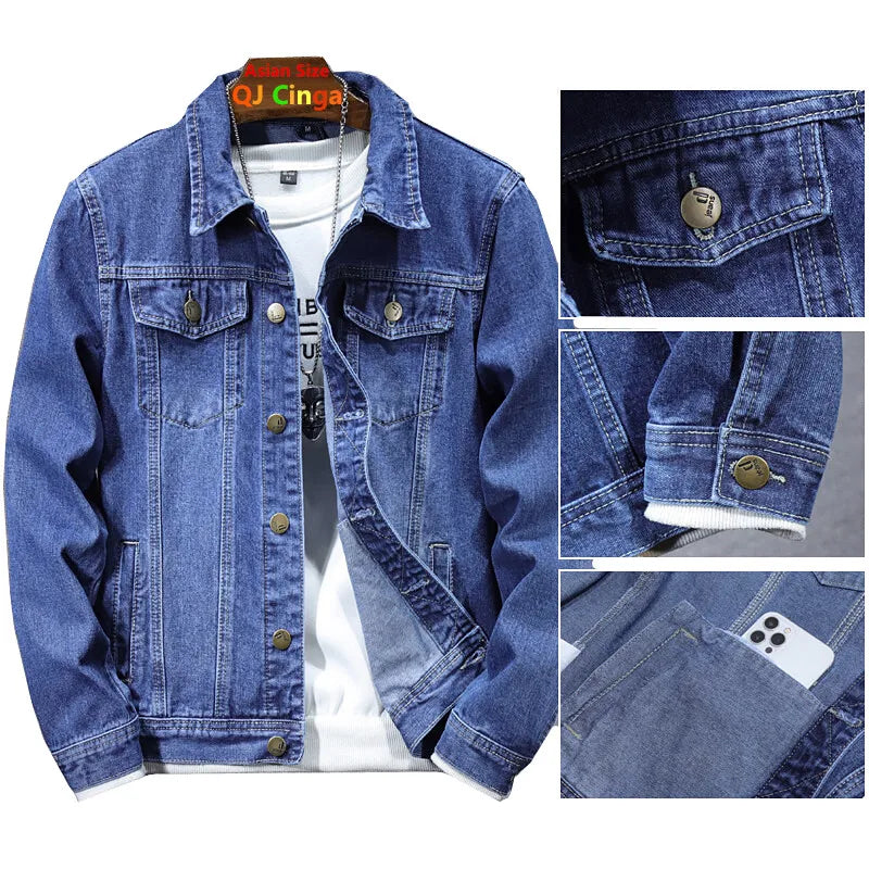 Deep Blue Mens Long Sleeve Denim Jacket, Single Breasted Lapel Coat, Black Fashion Casual Jackets, Asian Size M-5XL
