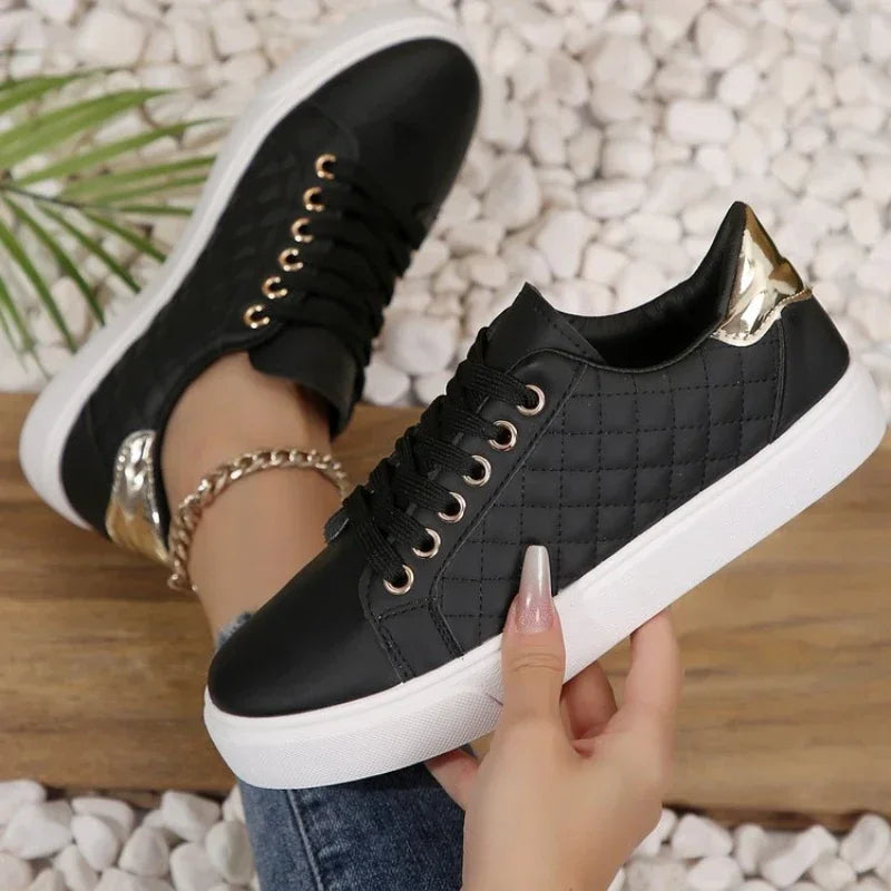 Size 35-41 2024 Women White Sneakers Spring Autumn Womens Fashion Black Lace-up Soft Soled PU Leather Shoes Ladies Casual Shoes