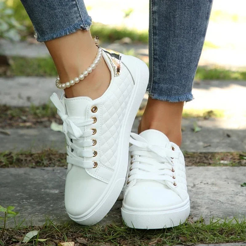 Size 35-41 2024 Women White Sneakers Spring Autumn Womens Fashion Black Lace-up Soft Soled PU Leather Shoes Ladies Casual Shoes