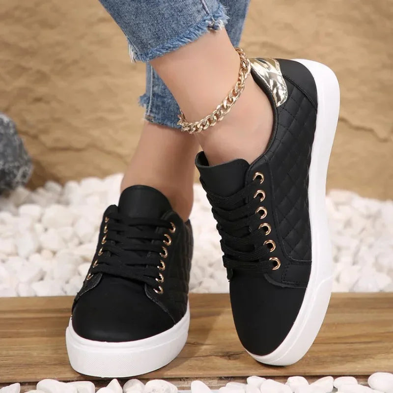 Size 35-41 2024 Women White Sneakers Spring Autumn Womens Fashion Black Lace-up Soft Soled PU Leather Shoes Ladies Casual Shoes