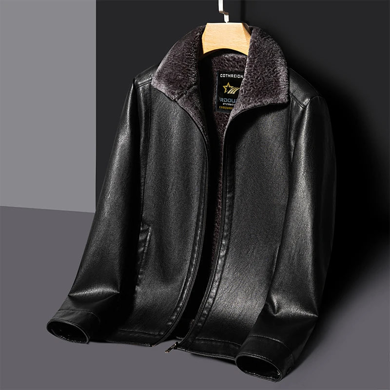 YN-2365 Autumn/Winter Men's Natural Leather Jacket Thickened Fur Integrated Business Casual Top Black Coffee Middle Aged Youth