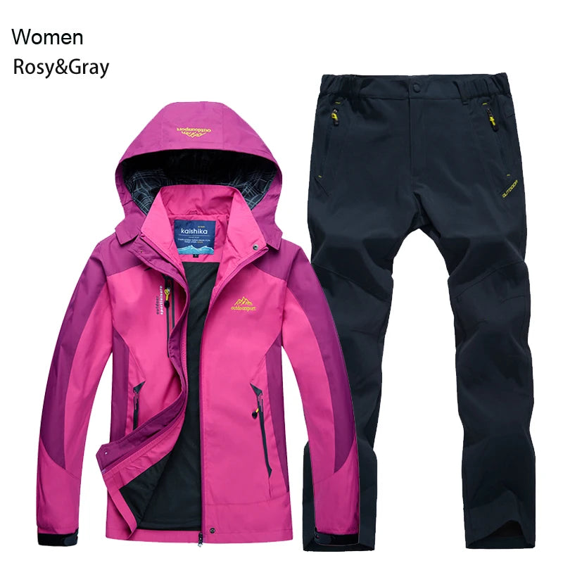 TRVLWEGO Women Jacket Pants Hiking Set Camping Spring Autumn Outdoor Waterproof 20000MM Windbreak Suit Trekking Coat Trousers