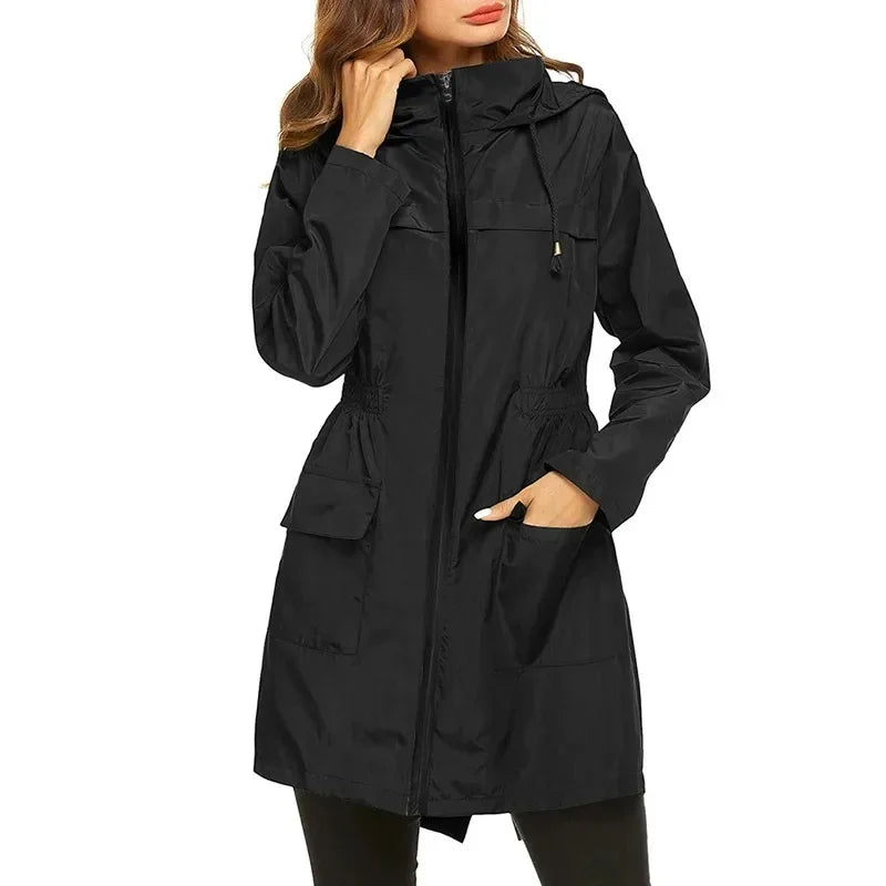 New Autumn Women's Lightweight Jacket Windproof Waterproof Raincoat Female Long Rain Tops Rainwear Hooded Outdoor Hiking Travel