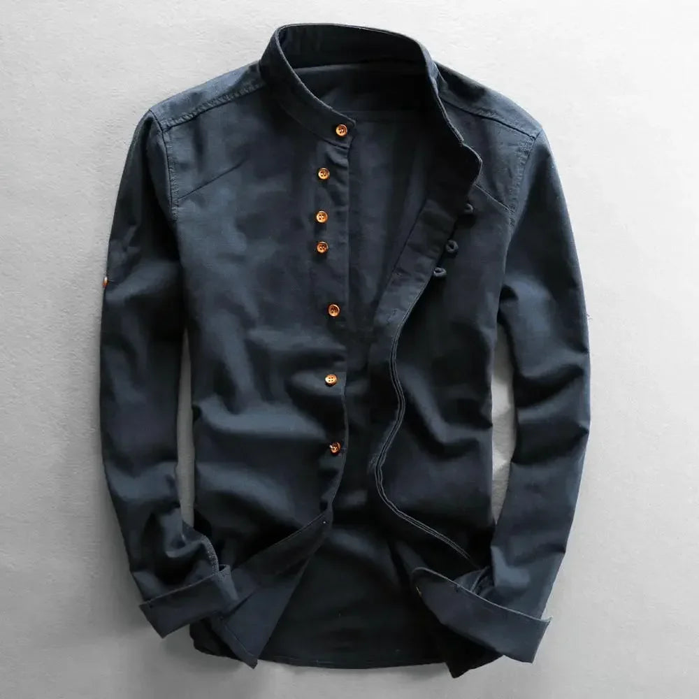 Customizable Men Cotton Linen Shirt Formal Retro Chinese Style Long Sleeve Mandarin Collar Casual Shirts Soft Comfort Clothing