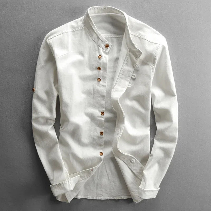 Customizable Men Cotton Linen Shirt Formal Retro Chinese Style Long Sleeve Mandarin Collar Casual Shirts Soft Comfort Clothing