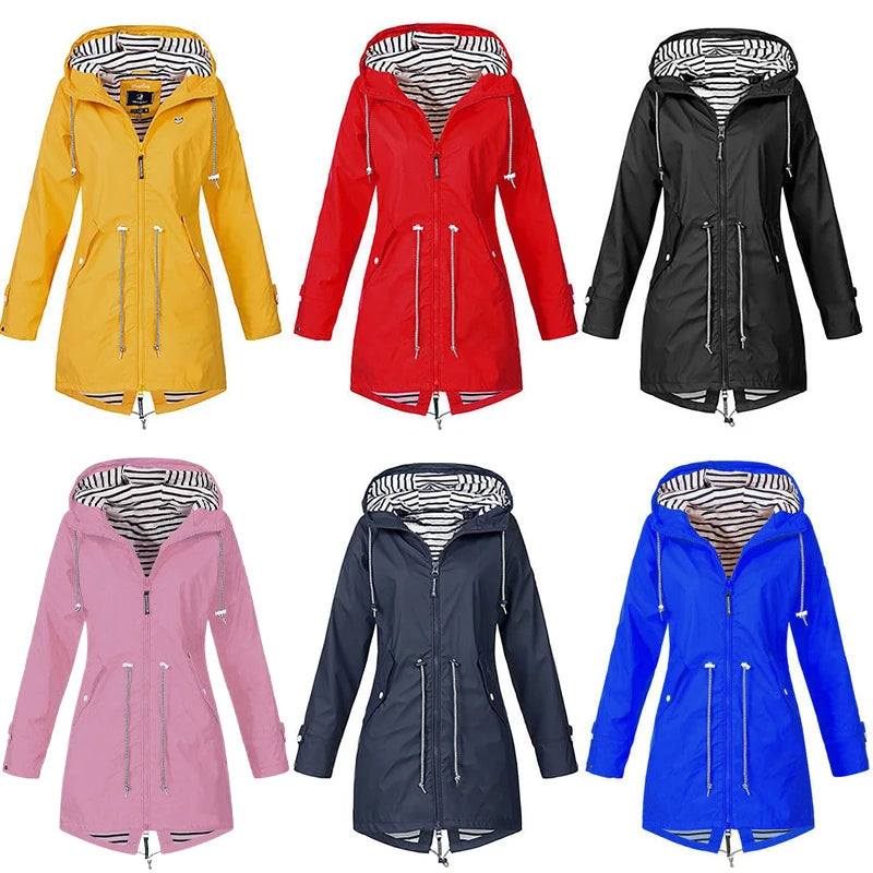Women Fashion Raincoat Windbreak Rain Outdoor Camping Windproof Jacket Hiking Lightweight Hooded Coats Casual Plus Size S-5XL