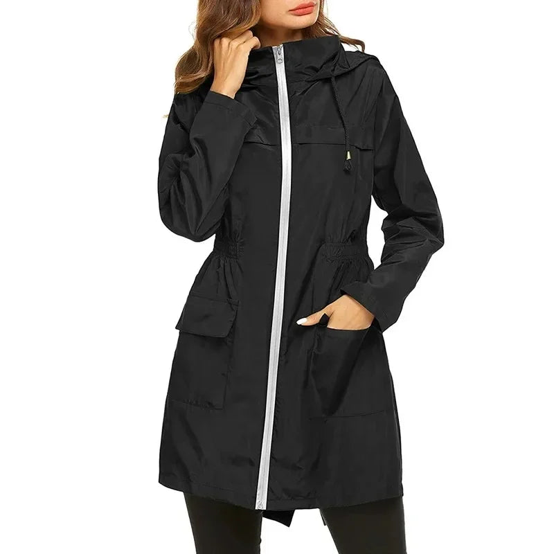 New Autumn Women's Lightweight Jacket Windproof Waterproof Raincoat Female Long Rain Tops Rainwear Hooded Outdoor Hiking Travel