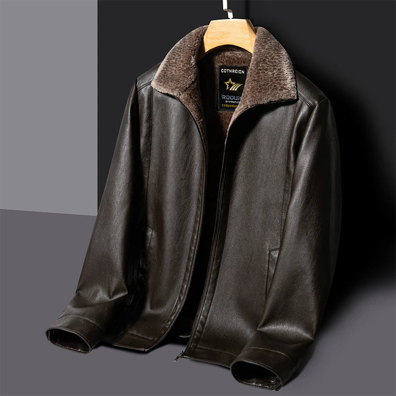 YN-2365 Autumn/Winter Men's Natural Leather Jacket Thickened Fur Integrated Business Casual Top Black Coffee Middle Aged Youth