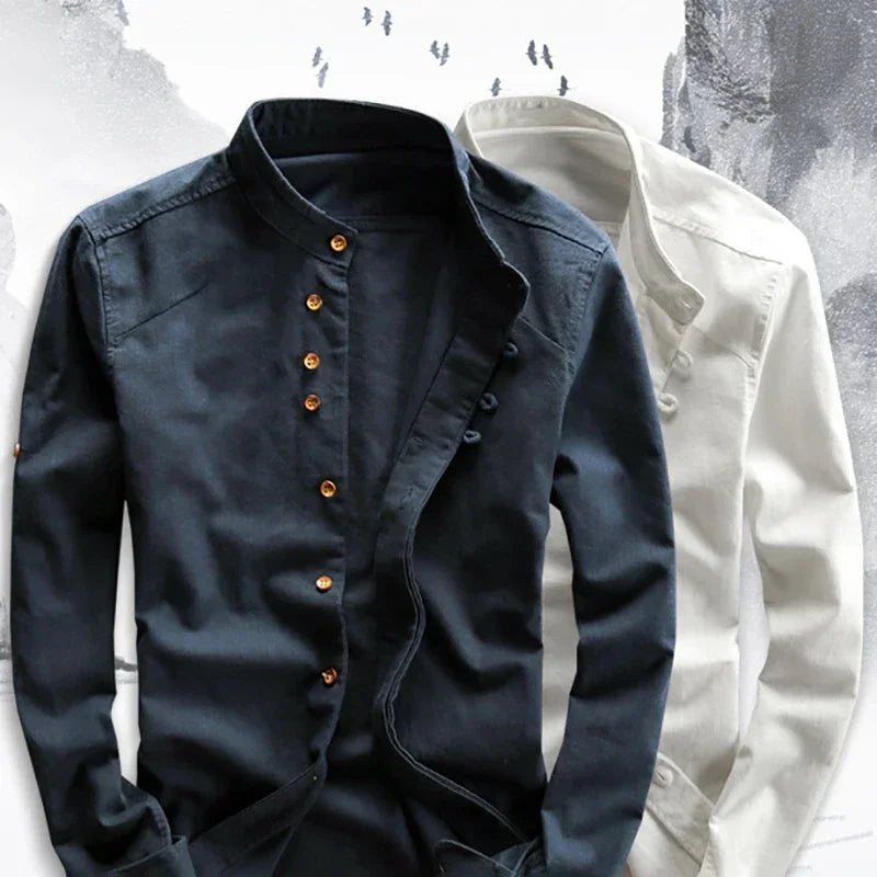 Customizable Men Cotton Linen Shirt Formal Retro Chinese Style Long Sleeve Mandarin Collar Casual Shirts Soft Comfort Clothing